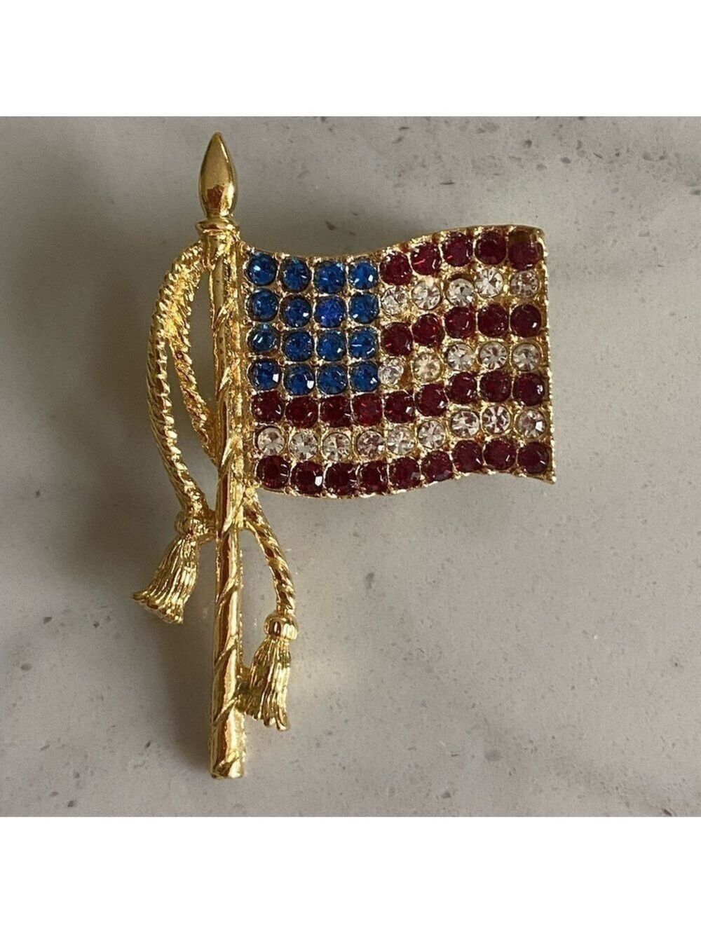 Vintage Crystal Embellished Gold Flag Pin